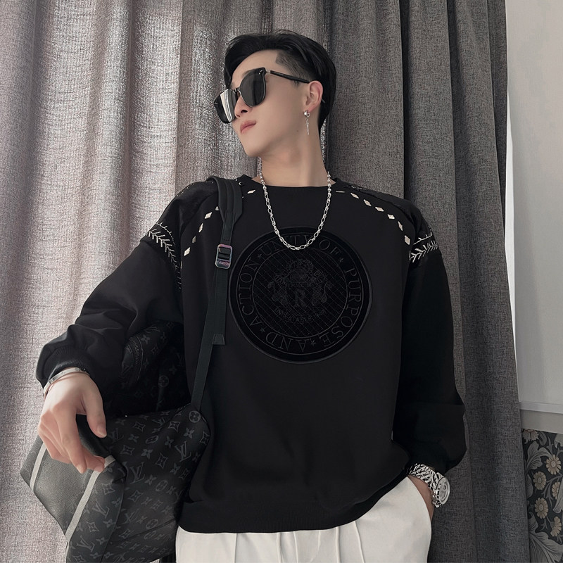 OBOY 봄 가을 인터넷 연예인 트렌디 브랜드 잘 생긴 스웨트 셔츠 남성 트렌디 스플 라이스 긴팔 티셔츠 캐주얼 다재다능한 바닥 셔츠 유행