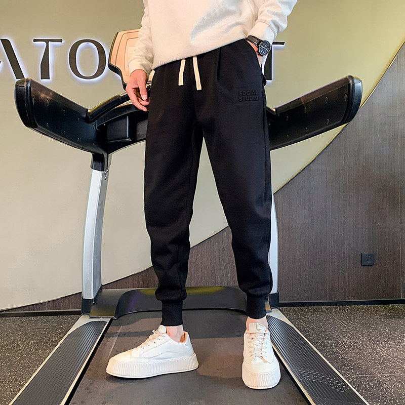 OBOY 봄 가을 벨벳 두꺼운 레깅스 스웨트 팬츠 남성 인터넷 연예인 유행 브랜드 잘 생긴 하렘 바지 캐주얼 신발 스웨트 팬츠