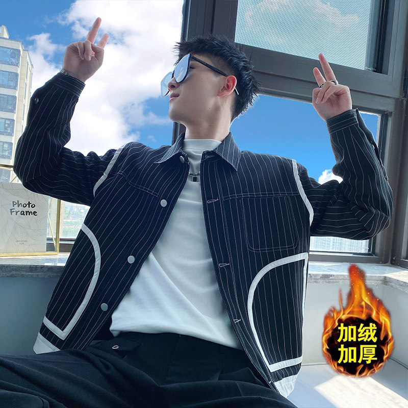 OBOY 봄 가을 스트라이프 재킷 남성 트렌디 브랜드 잘생긴 스티치 플러스 벨벳 재킷 트렌디 패션 옷깃 남성 탑