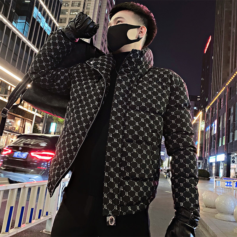 OBOY의 인기 겨울 스타일 남성용 풀 프린트 스탠드업 칼라 코튼 재킷 2024 트렌디 브랜드 슬림핏 코튼 재킷 트렌디하고 잘생긴 따뜻한 코튼 재킷