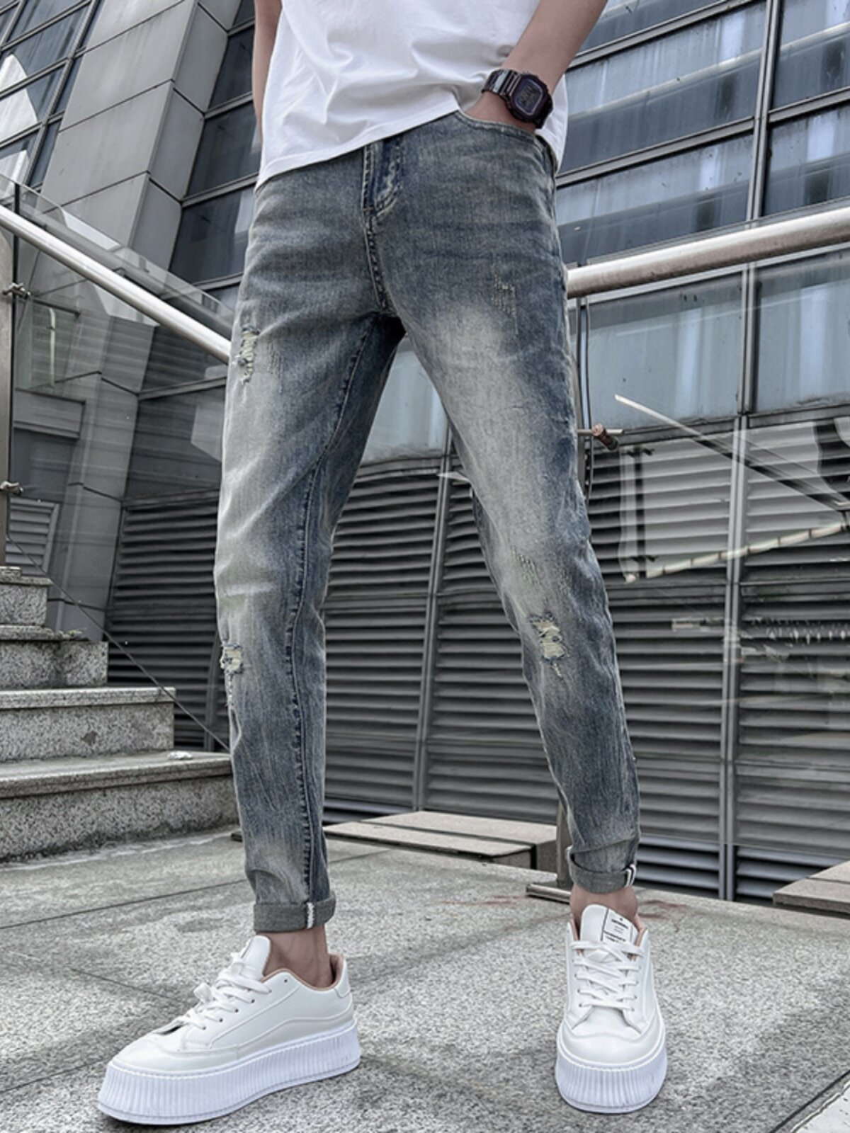 오보이 봄가을 남성용 연한 컬러의 스트레치 진 핸섬한 트렌디한 레트로 립 슬림 팬츠 한국형 슬림핏 9부 팬츠