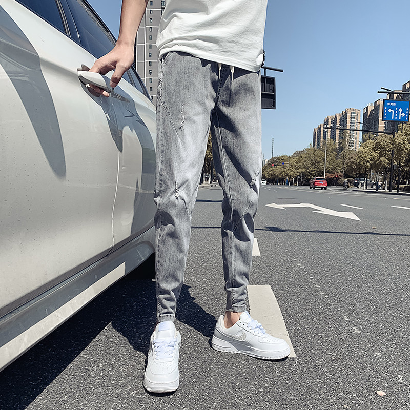오보이 여름 얇은 밝은 컬러의 찢어진 청바지 남성 트렌디하고 핸섬한 슬림핏 레깅스 다재다능한 신축성 레깅스