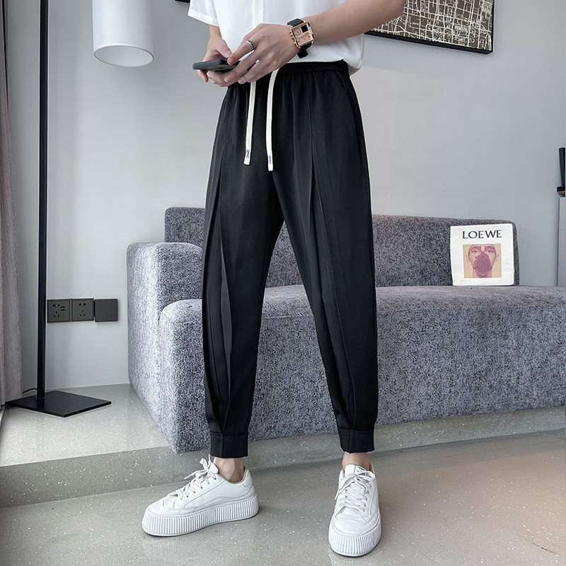 오보이 여름 얇은 얼음 실크 캐주얼 바지 남성 트렌디한 발목 타이 9점 바지 잘생겼다 드레이프 하렘 작은 정장 바지 9점