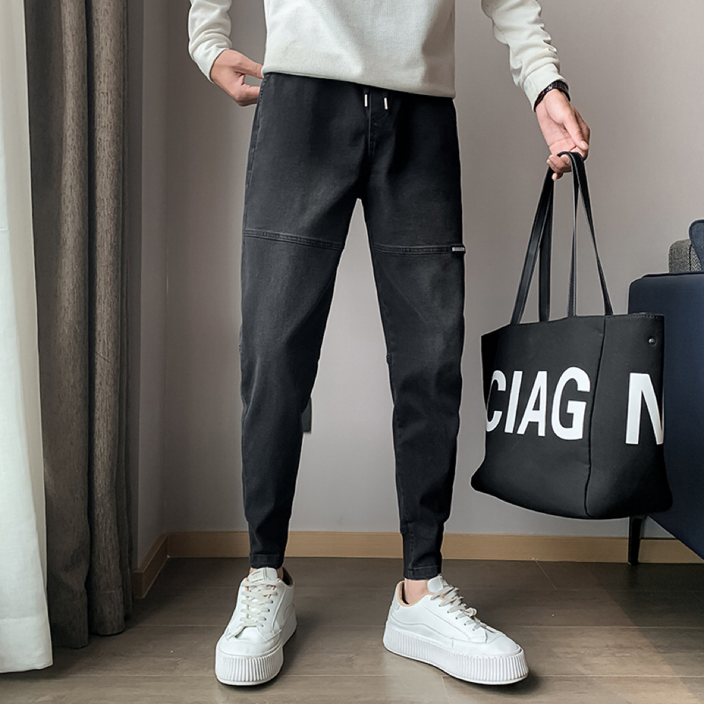 오보이 봄가을 트렌디한 남성 벨벳진 트렌디한 브랜드 스플라이싱 슬림핏 레깅스 핸썸 꼬마발 하렘팬츠