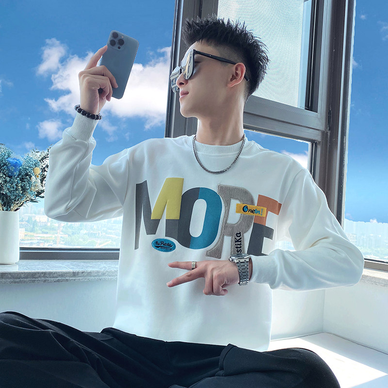 OBOY 봄 가을 인터넷 연예인 INS 트렌디 브랜드 스웨트 셔츠 남성용 헤비 듀티 긴팔 티셔츠 트렌디 한 편지 자수 캐주얼 탑