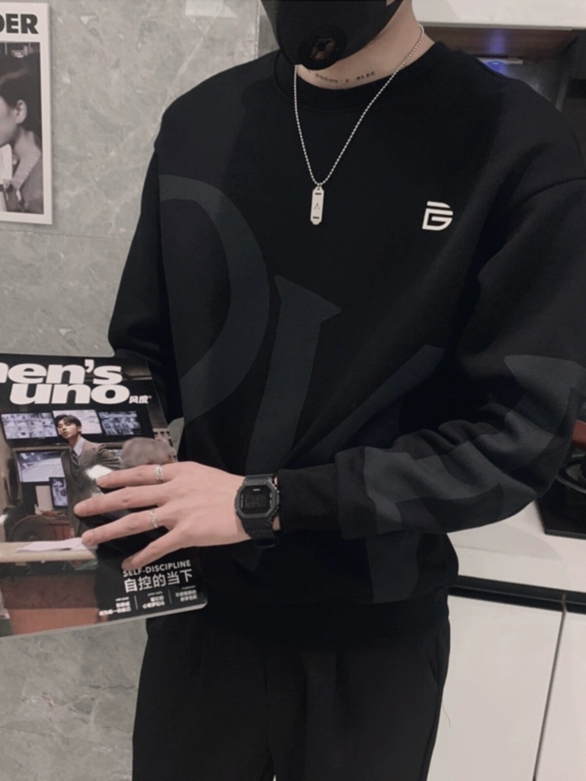 OBOY 봄 가을 신작 편지 프린트 스웨트 셔츠 남성용 한국 스타일 트렌디 한 잘 생긴 라운드 넥 탑 캐주얼 다재다능한 바닥 셔츠