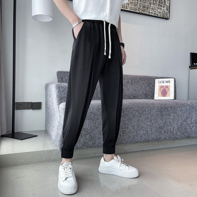 오보이 여름 얇은 얼음 실크 캐주얼 바지 남성 트렌디한 발목 타이 9점 바지 잘생겼다 드레이프 하렘 작은 정장 바지 9점