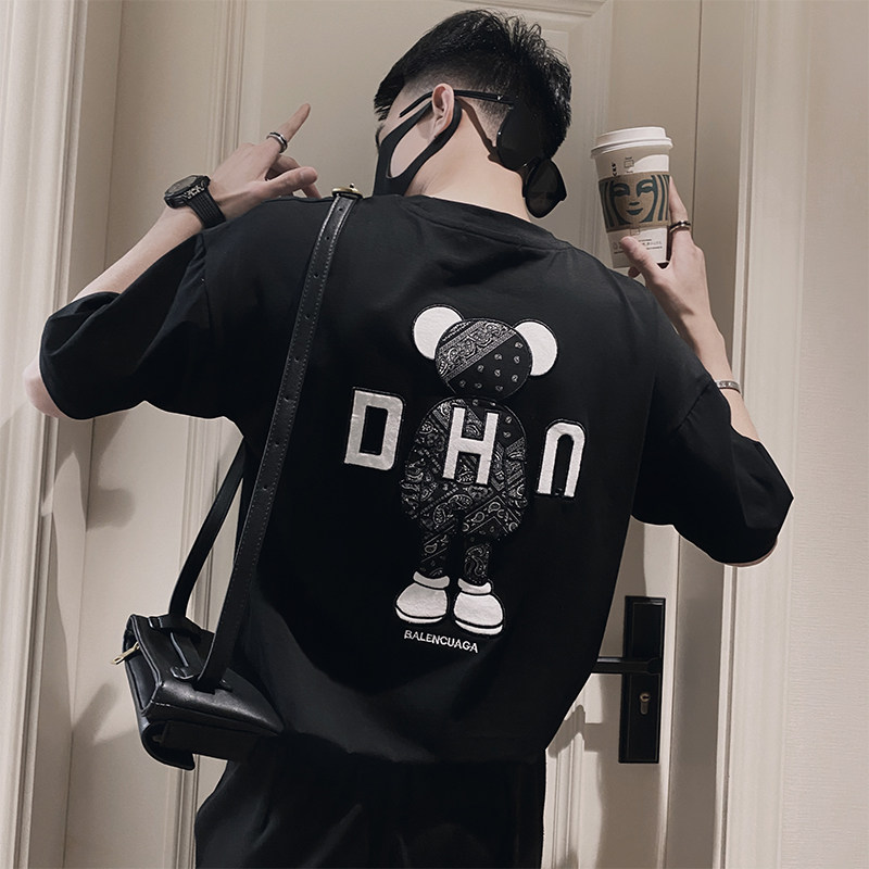 OBOY 여름 트렌드 인 인기 베어 반팔 티셔츠 남성 트렌디 브랜드 잘 생긴 느슨한 반팔 다용도 캐주얼 탑