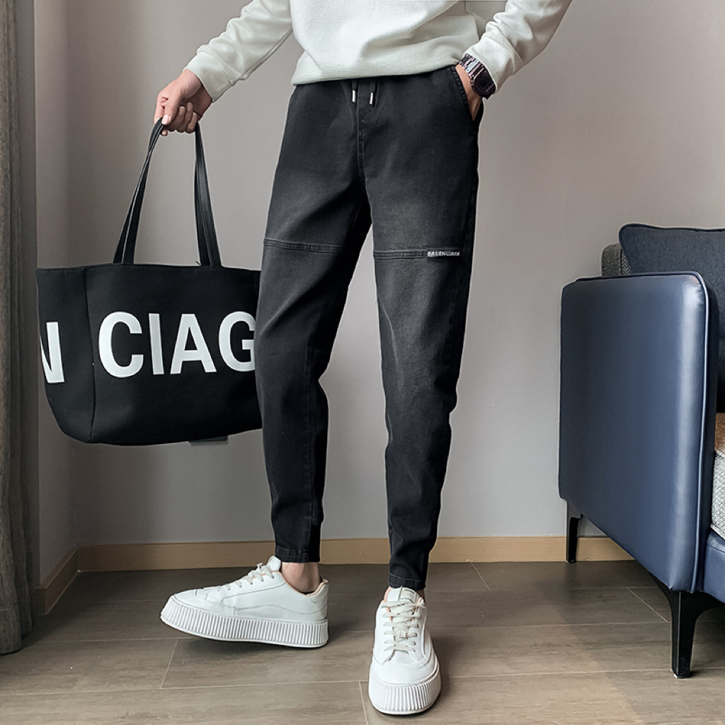 오보이 봄가을 트렌디한 남성 벨벳진 트렌디한 브랜드 스플라이싱 슬림핏 레깅스 핸썸 꼬마발 하렘팬츠