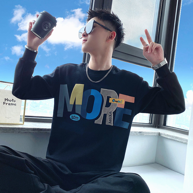 OBOY 봄 가을 인터넷 연예인 INS 트렌디 브랜드 스웨트 셔츠 남성용 헤비 듀티 긴팔 티셔츠 트렌디 한 편지 자수 캐주얼 탑