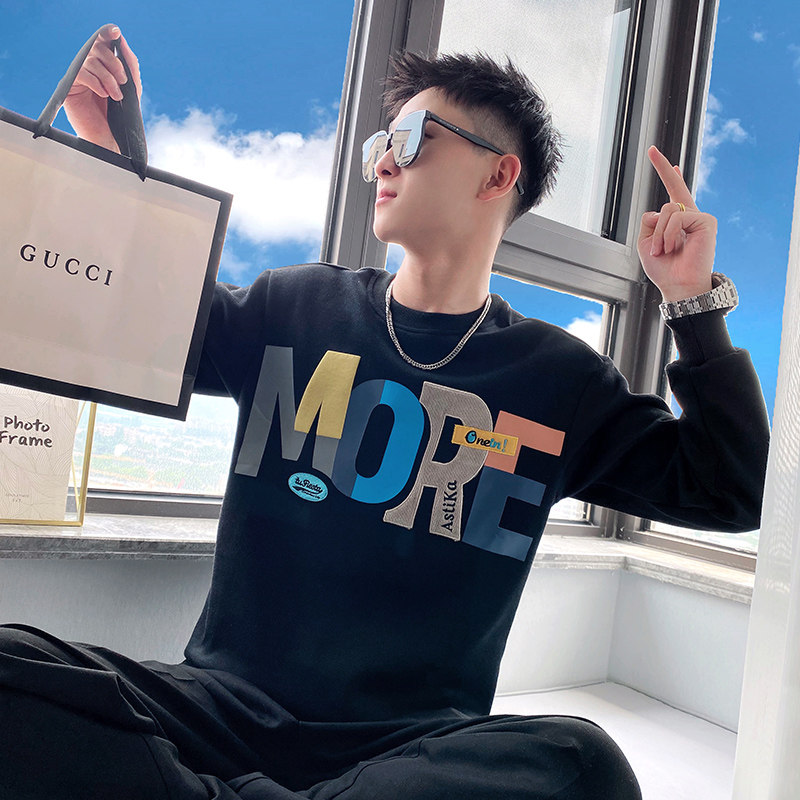 OBOY 봄 가을 인터넷 연예인 INS 트렌디 브랜드 스웨트 셔츠 남성용 헤비 듀티 긴팔 티셔츠 트렌디 한 편지 자수 캐주얼 탑