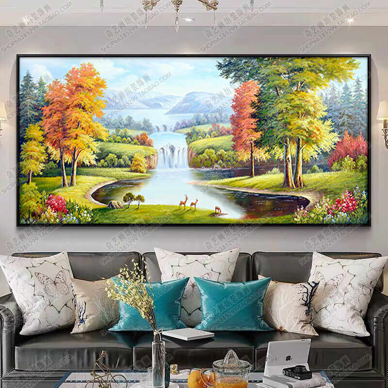 纯手绘油画山水风景画聚宝盆客厅装饰挂画办公室招财风水靠山壁画