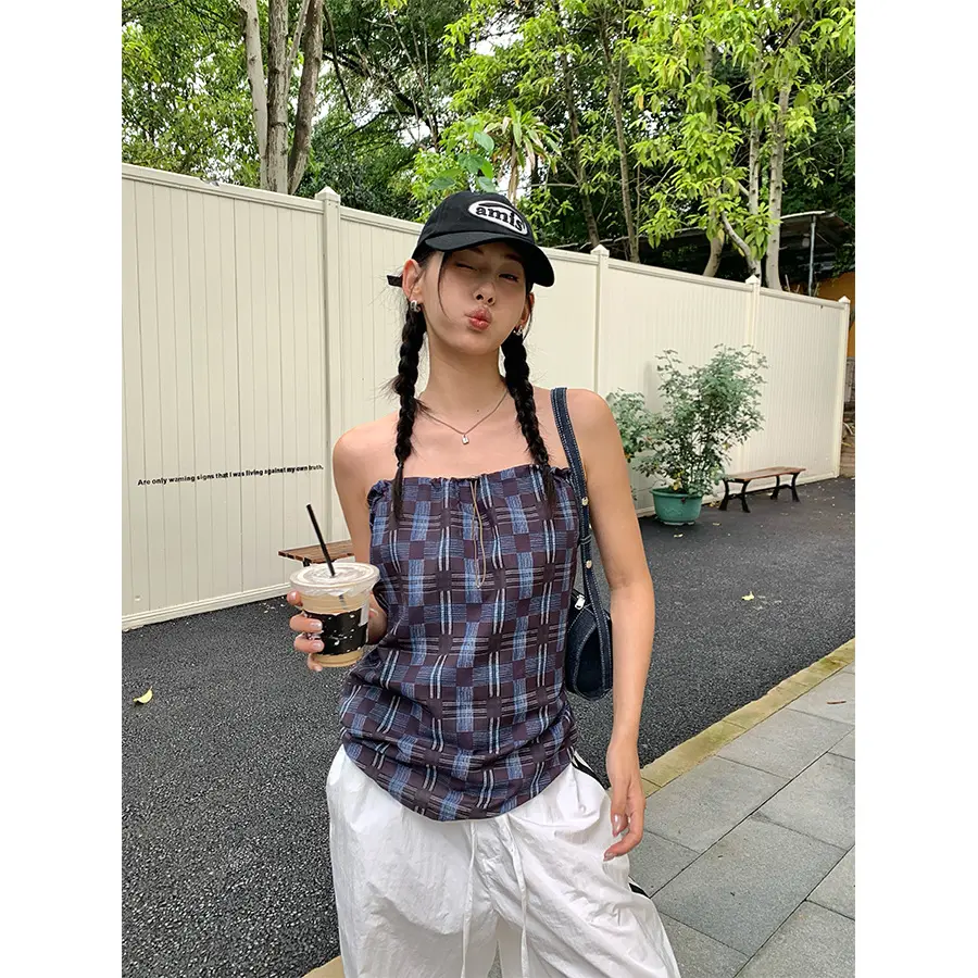 韩系2025新款格纹直筒半裙可多样穿搭抹胸抽绳休闲上衣女吊带背心