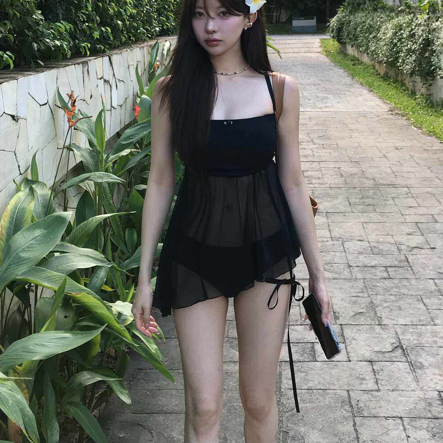黑色透明薄纱分体泳衣女三角裙式沙滩度假风遮肉显瘦海边拍照度假