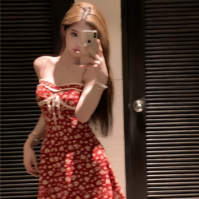法式度假风红色碎花吊带少女连体裙式泳衣显瘦收腰性感辣妹短裙