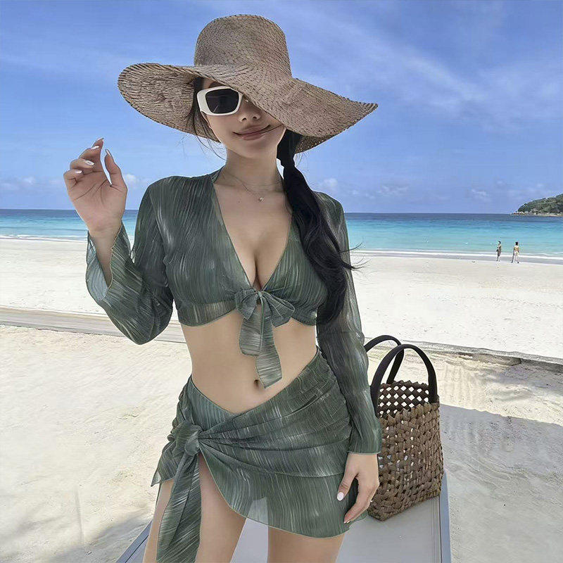 性感风绿色条纹四件套比基尼女分体泳衣度假海滩绑带长袖防晒泳装