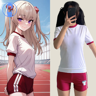 动漫二次元日系可爱少女甜美藏红色体操服学生保守温泉分体泳衣女