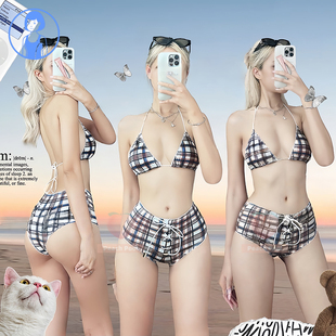 Jenny同款日系可爱少女甜妹小清新格子度假温泉小胸聚拢比基尼