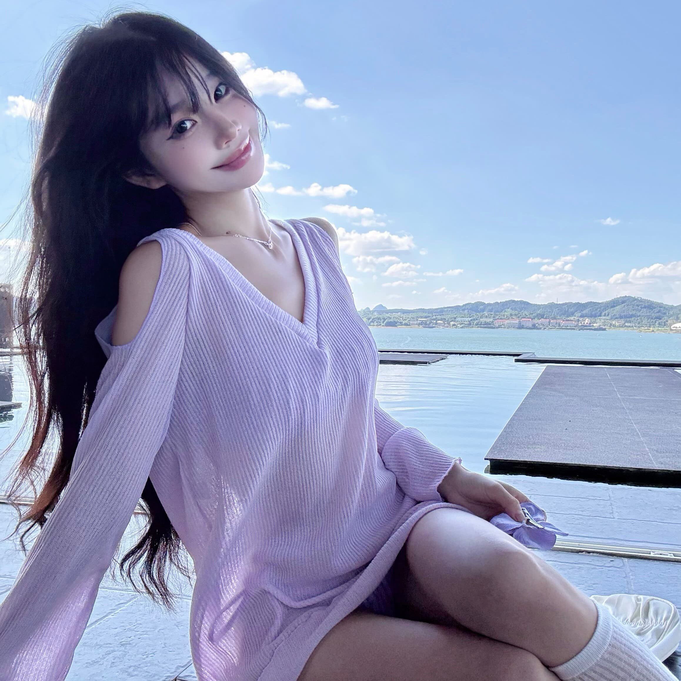 日系甜美紫色防晒露肩比基尼