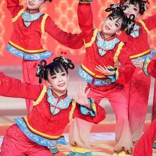 元旦儿童群舞民族舞新春泥娃闹春韵表演服红色喜庆福娃闹春演出服