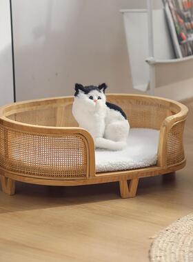 宠物窝藤编狗窝猫窝美式复古实木动物屋家具泰迪比熊狗床垫子