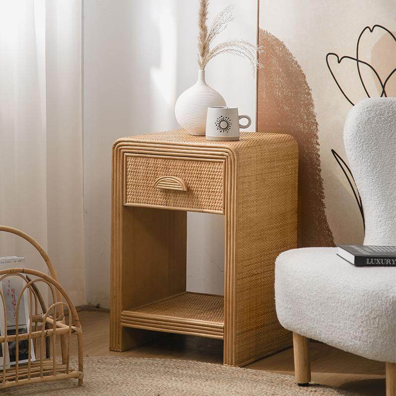 藤编床头柜边几柜北欧现代简约卧室储物收纳柜复古民宿家具小户型,住宅家具,床头柜,淘宝优惠券,粉丝福利购,淘宝优惠卷