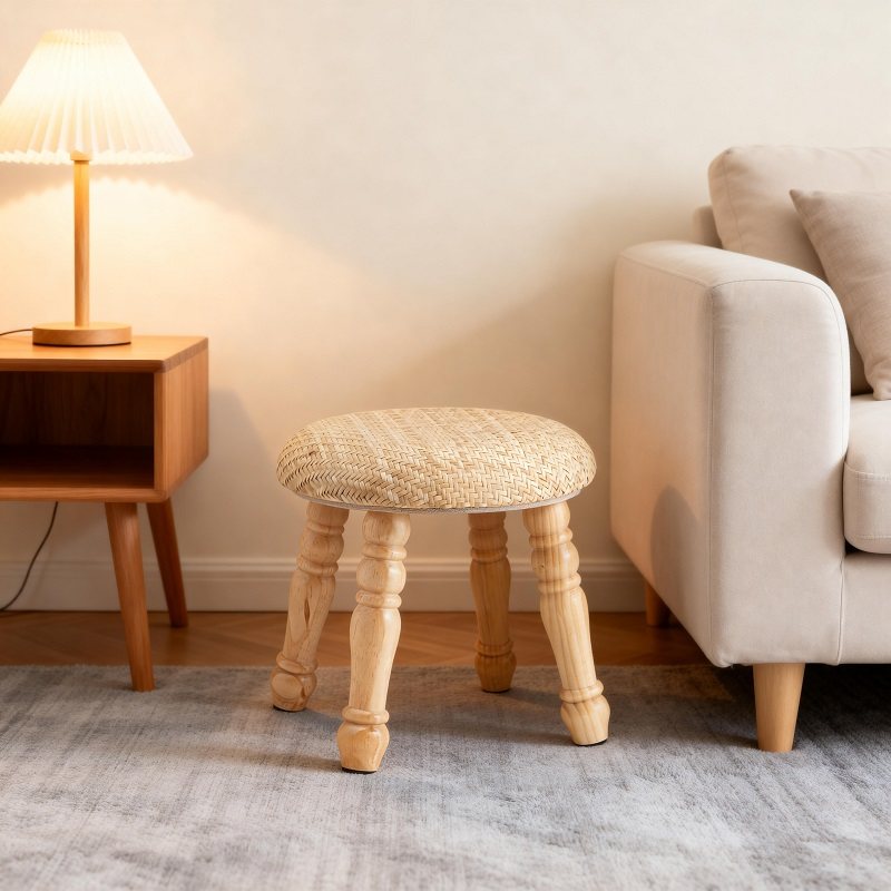 藤编矮凳北欧实木简约客厅卧室家用小凳子编织坐垫圆形装饰凳稳固,住宅家具,矮凳,淘宝优惠券,粉丝福利购,淘宝优惠卷