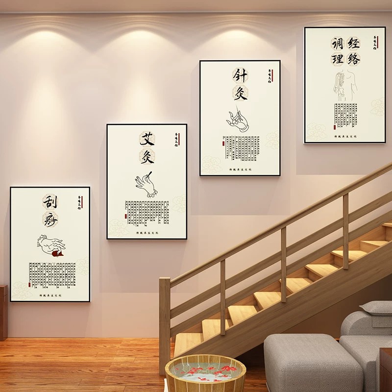 中医养生馆软装饰品房间布置挂画件美容院楼梯背景按摩店墙面贴纸