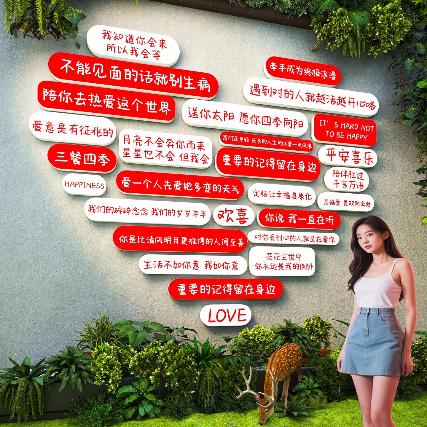 网红打卡拍照区氛围装饰玫瑰花墙布置户外民宿小院造背景形象贴纸