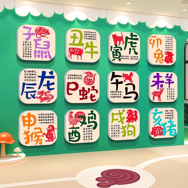 十二生肖贴纸画幼儿园环创主题成品大厅形象布置文化墙面装饰墙贴