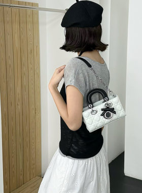 羊皮蝴蝶结拼色戴妃包女2026新款气质高级感链条包手提斜挎小包包
