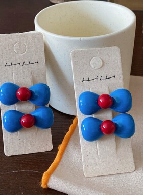 韩系彩色多巴胺蝴蝶结鸭嘴夹树脂发夹蓝色撞色碎发刘海发夹侧边夹