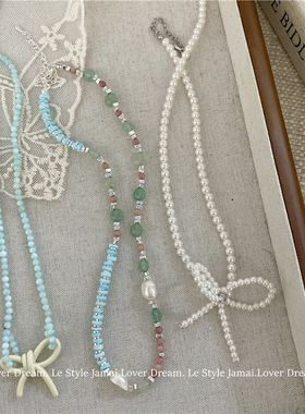 韩国新款海盐蓝贝壳串珠蝴蝶结珍珠项链 甜美锁骨链choker项饰女