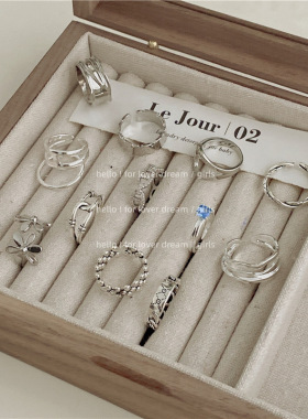 韩国新款复古几何仿古银戒指 甜酷少女风花朵水钻均码戒圈手饰品