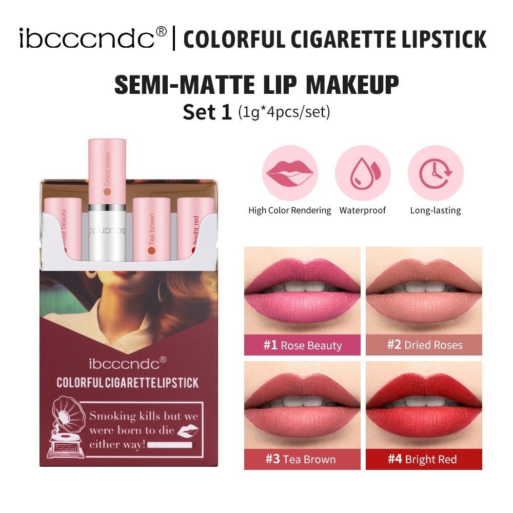 ibcccndc烟管口红丝绒四支装哑光不易沾杯易上色香烟口红套装跨境