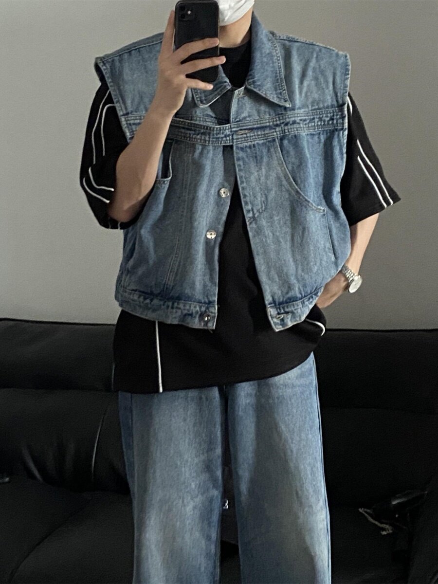 KOREAN VERSION NICHE DECONSTRUCTED DESIGN SENSE OF SHOULDER PADS WASHED DENIM VEST JACKET MENS LOOSE AND DISTRESSED SLEEVELESS SHOULDER VEST