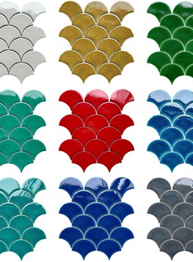 冰裂陶瓷扇形鱼鳞马赛克红蓝绿色背景墙瓷砖水池鱼池室外网红泳池