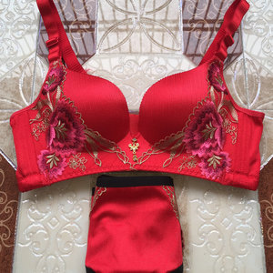刺绣胸罩女士无钢圈小胸聚拢上托乳罩调整型绣花内衣套装本命年