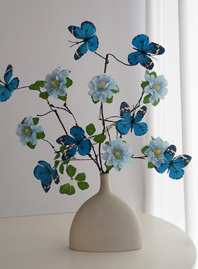 蓝色蝴蝶花束仿真花假花摆设干花客厅餐桌插花花瓶装饰品花艺摆件