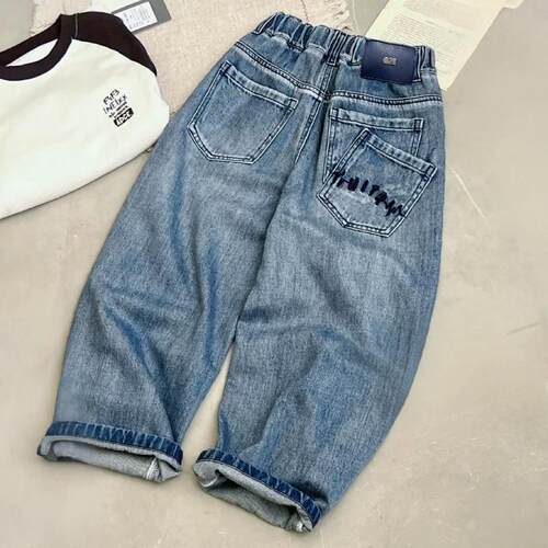 HJ男童牛仔裤2026春新款中大童休闲裤薄款宽松弯刀裤儿童裤子2602