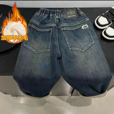 HM男童加厚绒牛仔裤2025冬中大童休闲长裤儿童直筒裤子百搭羔羔绒