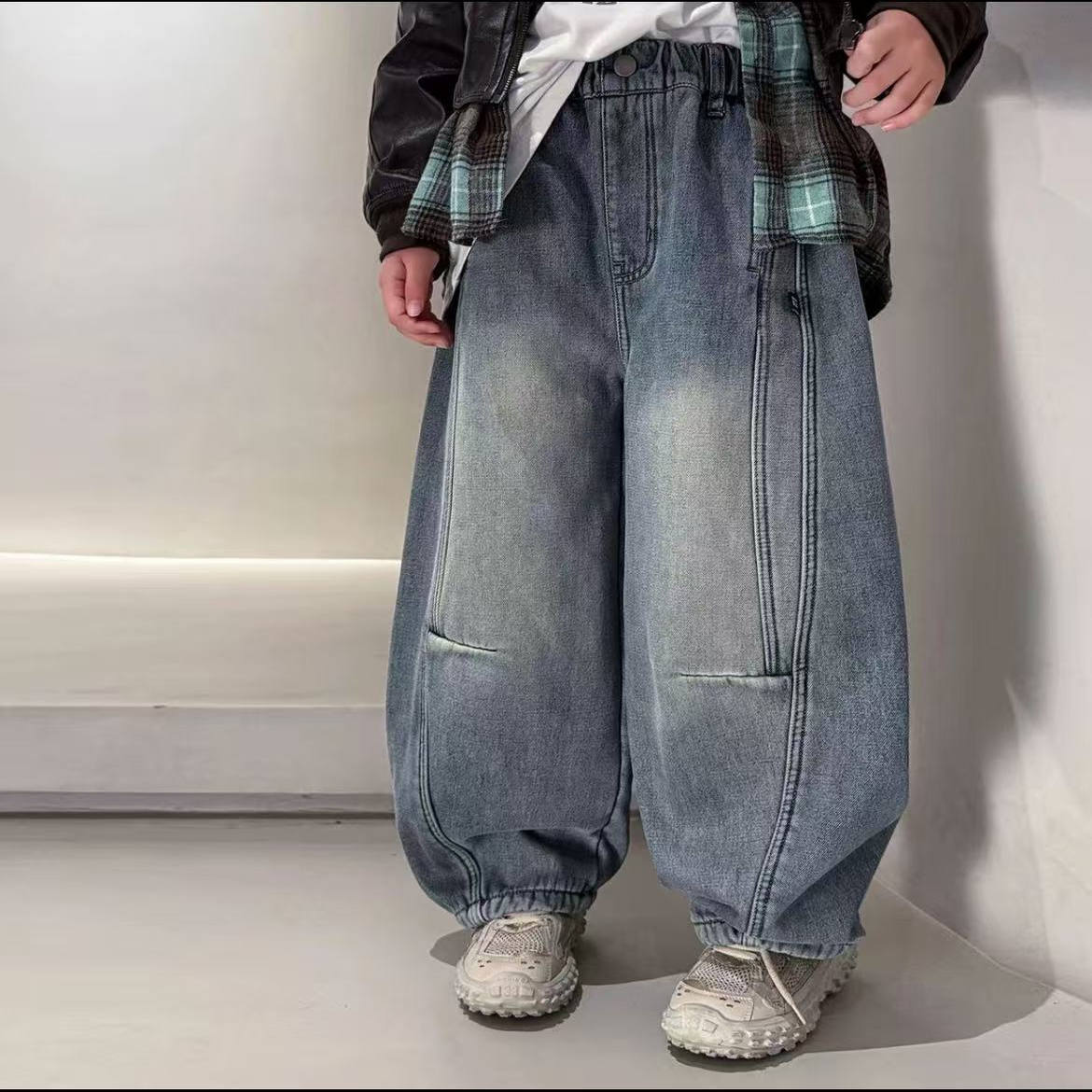 HM男童加绒牛仔裤2025冬装新款秋冬款儿童男孩加厚一体绒长裤