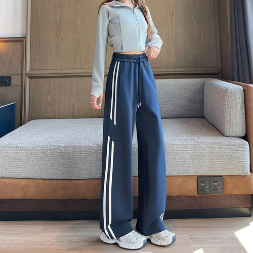 藏青加长直筒阔腿卫裤女初中生