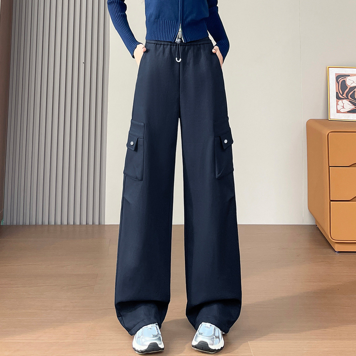 初中高中学生藏青色工装裤少女2026秋冬新款加绒加厚休闲运动棉裤