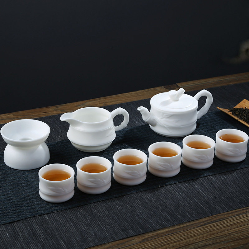 素烧不上釉羊脂玉茶具套装德化中国白润玉陶瓷功夫茶具竹节壶logo