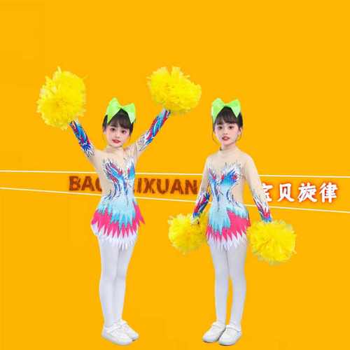 新款竞技健美操啦啦操啦啦队服装女儿童演出服比赛运动会连体长袖
