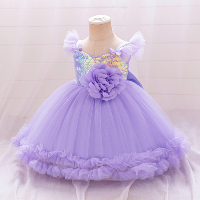 新款跨境儿童演出礼服小飞袖亮片