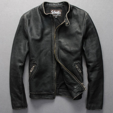 Schotts 进口小牛皮 做旧立领修身短款机车服皮夹克 男士真皮皮衣