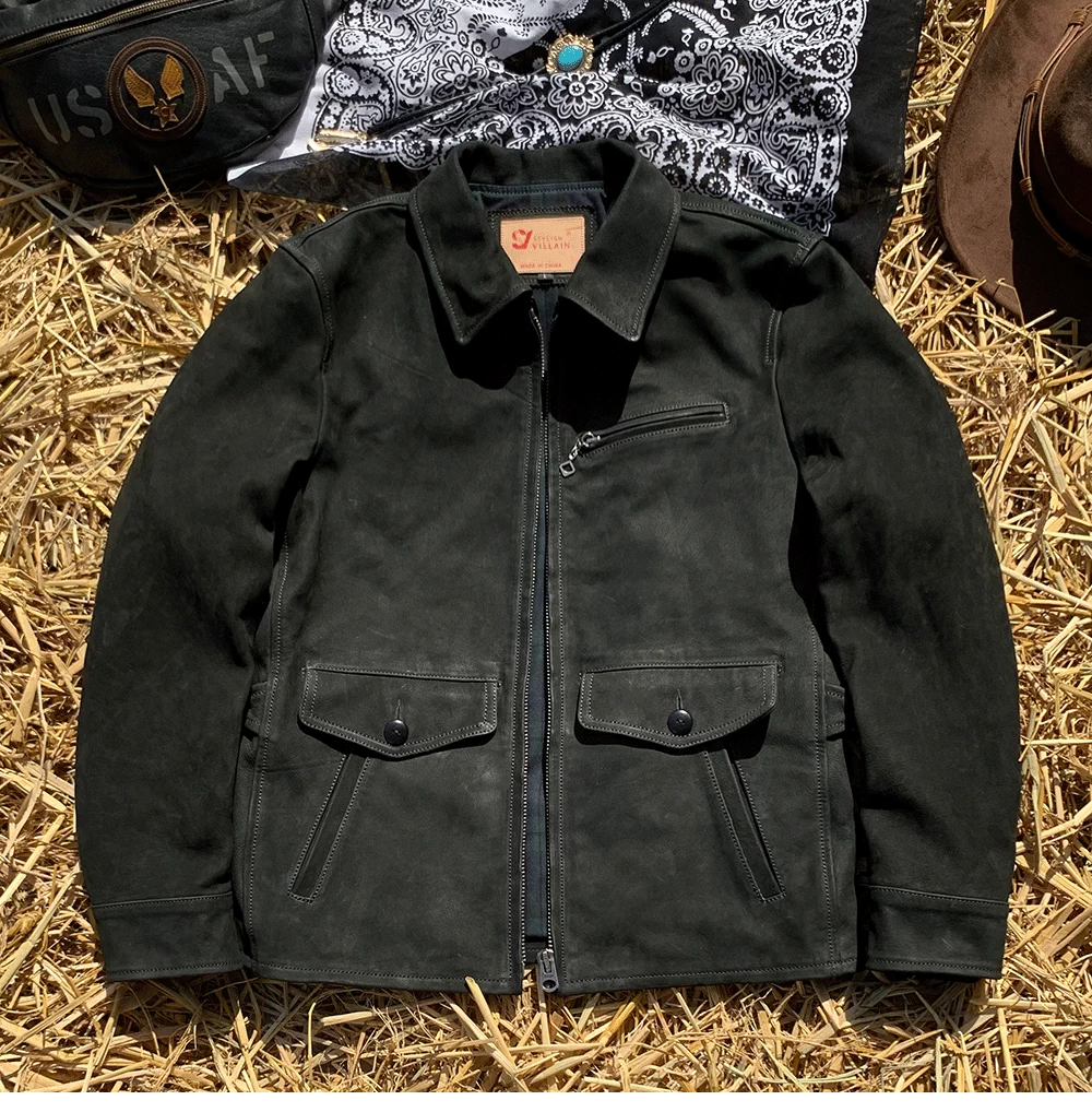 阿美咔叽皮夹克头层山羊皮皮衣男短款张学友同款翻领真皮复古外套