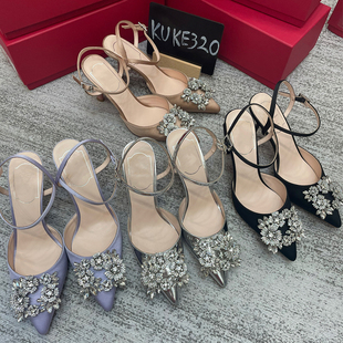 RV女鞋高跟真丝绸缎水钻扣尖头后空纯色细跟包头凉鞋细跟时尚女鞋